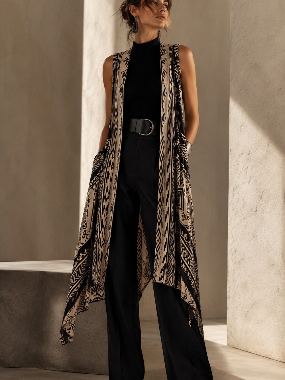 Blu Pepper Asymmetrical Sleeveless Duster- Black & Cream